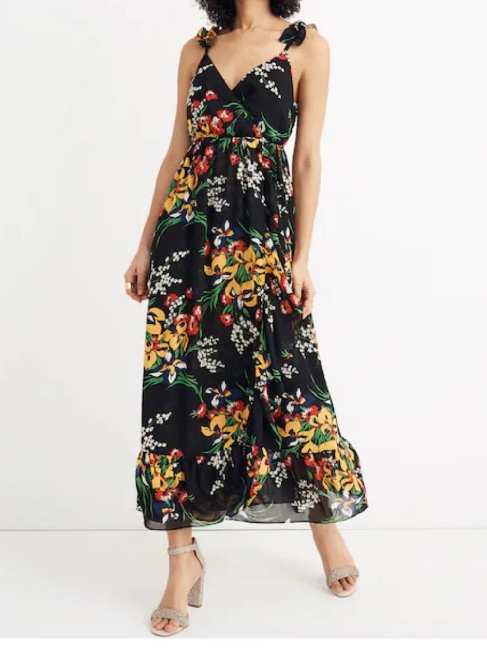 Madewell Black Floral Maxi Dress with Yellow & Red Blooms